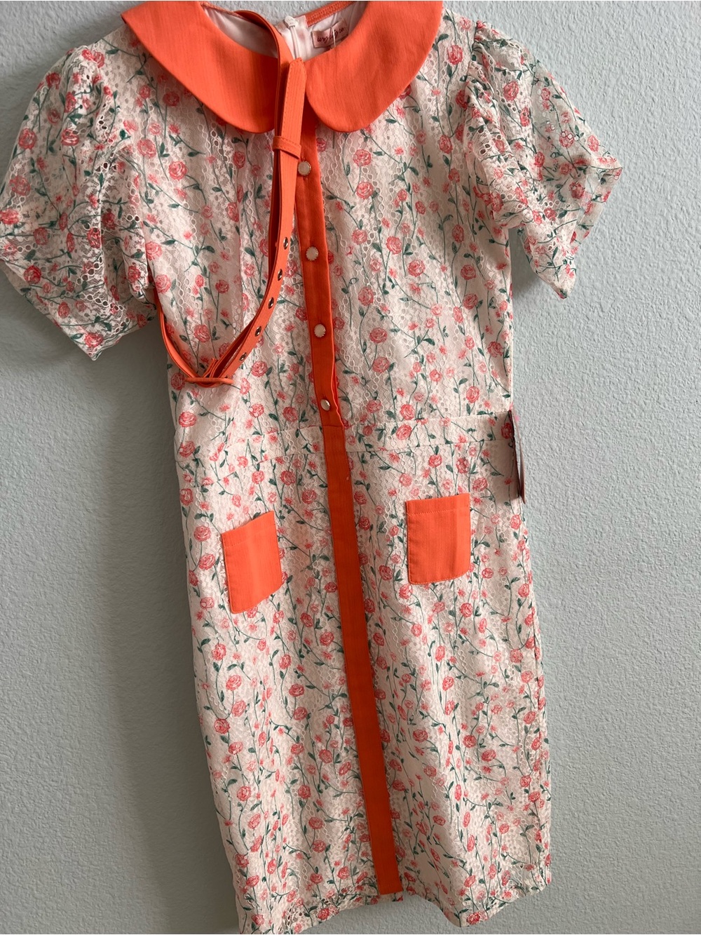 Girls' Floral Garden Dress with Bright Orange Trim and Belt